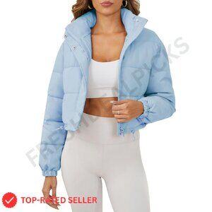 Cropped Puffer Jacket Quilted Oversized Chic Winter Coat Drawstring Hem